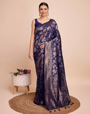 navy blue copper zari work silk blend saree with blouse 2
