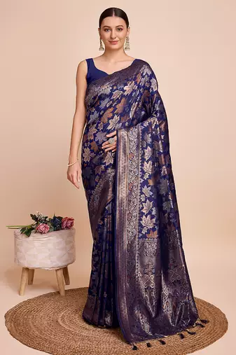 navy blue copper zari work silk blend saree with blouse