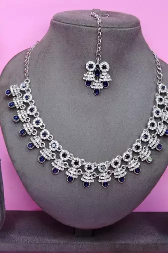 Blue rhodium premium designer american diamond and stone work necklace set