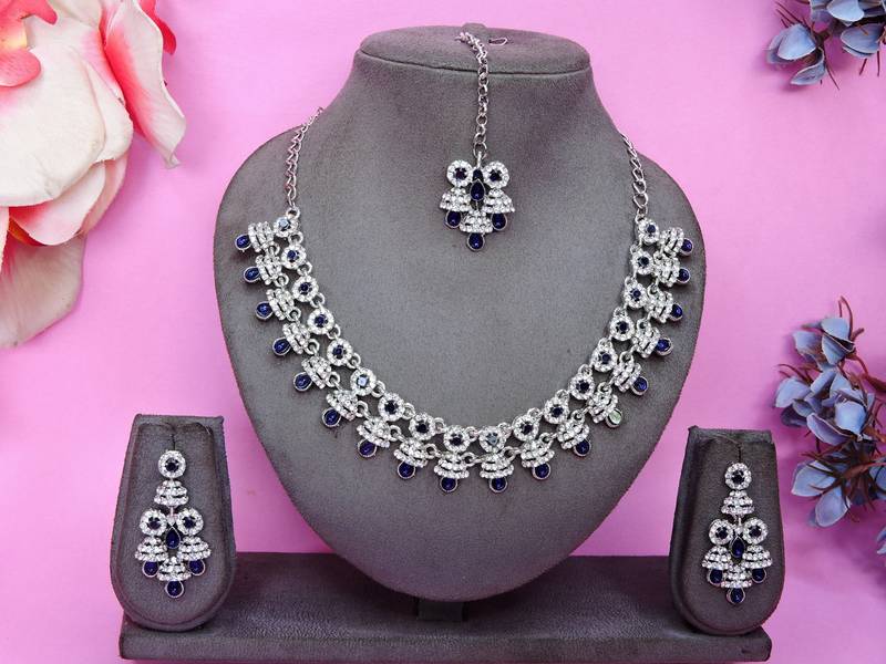 Blue rhodium premium designer american diamond and stone work necklace set