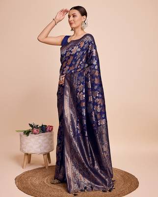 navy blue copper zari work silk blend saree with blouse 3