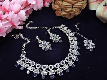 Blue rhodium premium designer american diamond and stone work necklace set 2