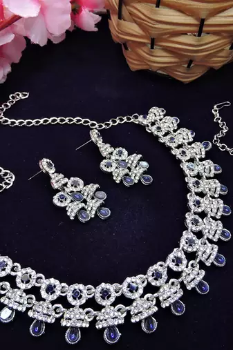 Blue rhodium premium designer american diamond and stone work necklace set