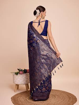 navy blue copper zari work silk blend saree with blouse 4
