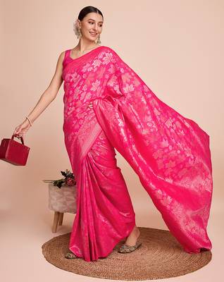pink copper zari work silk blend saree with blouse 1