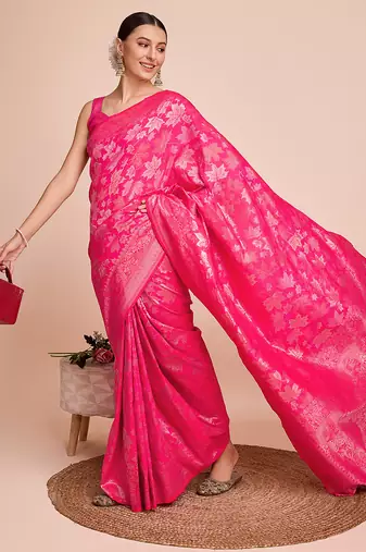 pink copper zari work silk blend saree with blouse