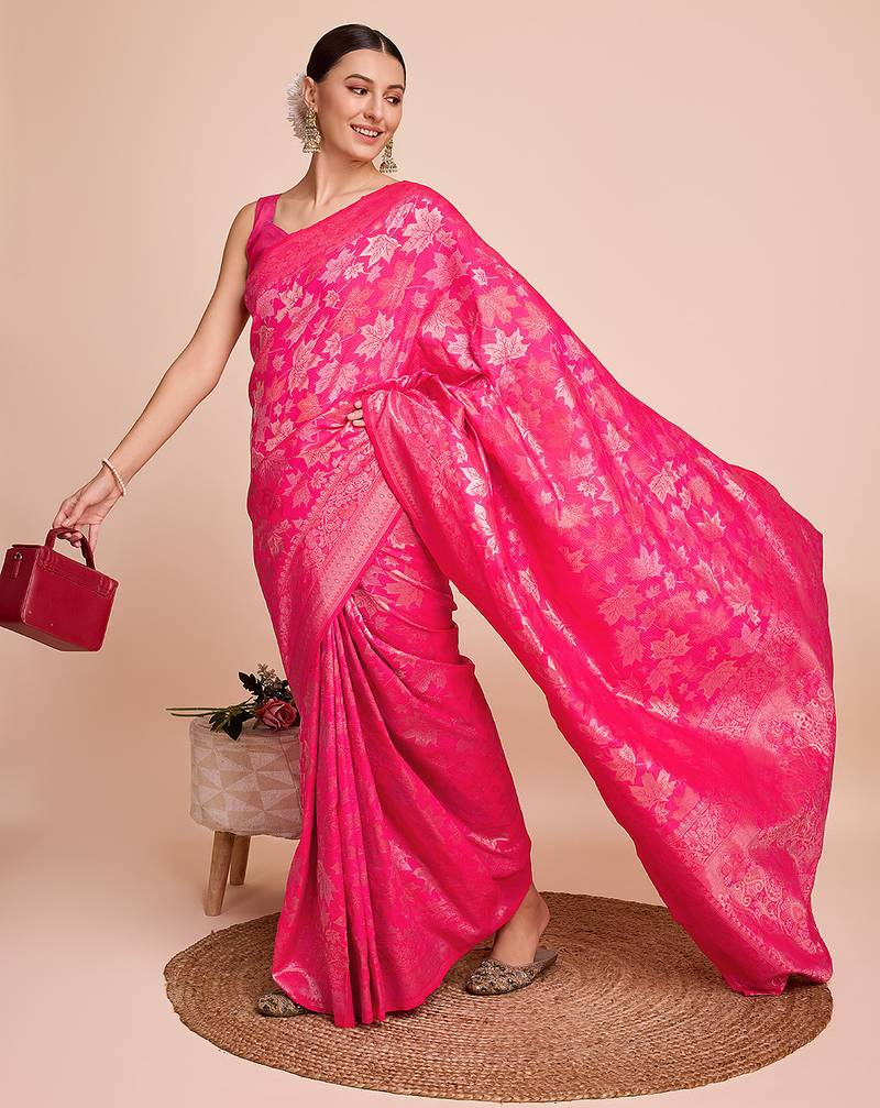 pink copper zari work silk blend saree with blouse