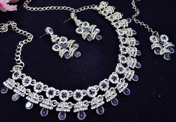 Blue rhodium premium designer american diamond and stone work necklace set 3