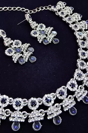 Blue rhodium premium designer american diamond and stone work necklace set