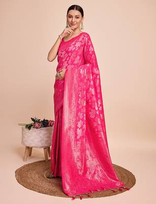 pink copper zari work silk blend saree with blouse 2