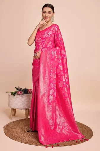 pink copper zari work silk blend saree with blouse