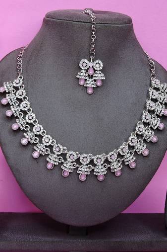 Pink rhodium premium designer american diamond and stone work necklace set