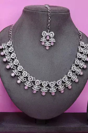 Pink rhodium premium designer american diamond and stone work necklace set