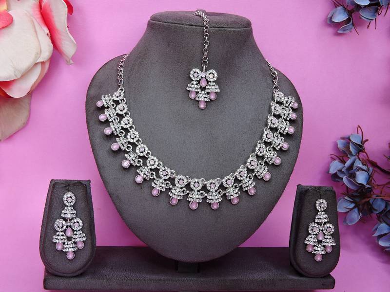 Pink rhodium premium designer american diamond and stone work necklace set