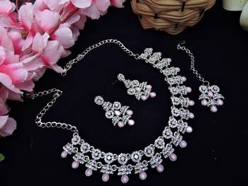 Pink rhodium premium designer american diamond and stone work necklace set 2