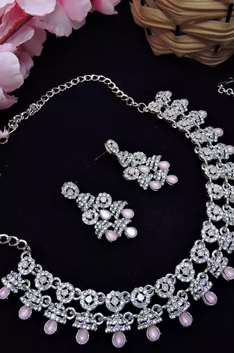 Pink rhodium premium designer american diamond and stone work necklace set