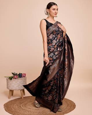 black copper zari work silk blend saree with blouse 1