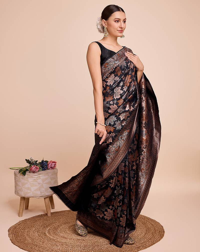black copper zari work silk blend saree with blouse