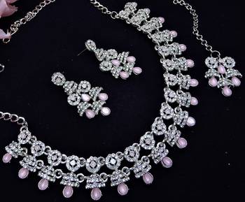 Pink rhodium premium designer american diamond and stone work necklace set 3