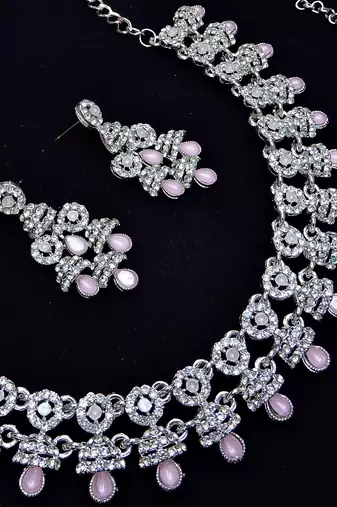 Pink rhodium premium designer american diamond and stone work necklace set