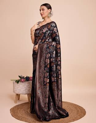 black copper zari work silk blend saree with blouse 2