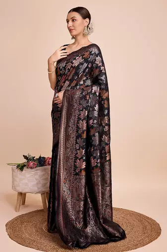 black copper zari work silk blend saree with blouse