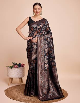 black copper zari work silk blend saree with blouse 3