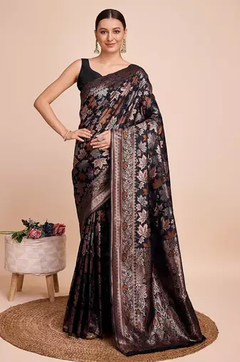 black copper zari work silk blend saree with blouse