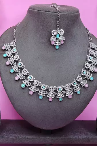 Green rhodium premium designer american diamond and stone work necklace set