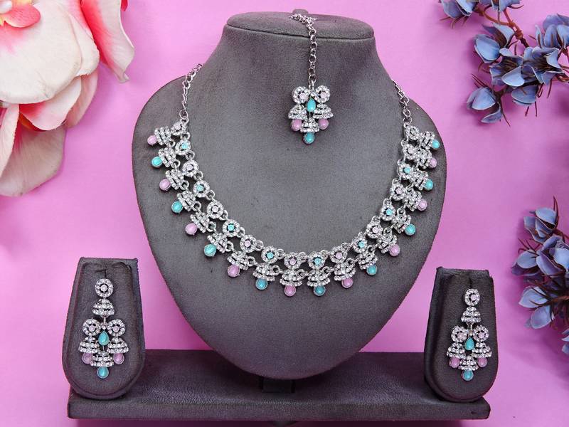 Green rhodium premium designer american diamond and stone work necklace set