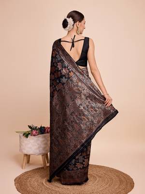 black copper zari work silk blend saree with blouse 4