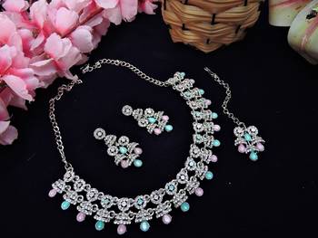 Green rhodium premium designer american diamond and stone work necklace set 2