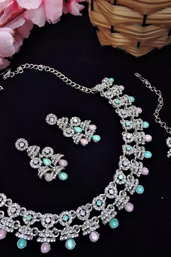 Green rhodium premium designer american diamond and stone work necklace set