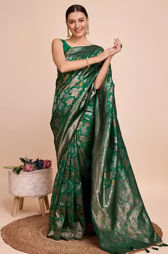 green copper zari work silk blend saree with blouse