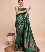 green copper zari work silk blend saree with blouse