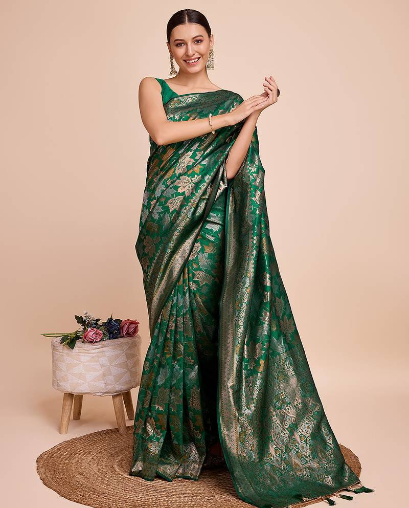 green copper zari work silk blend saree with blouse