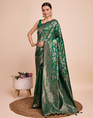green copper zari work silk blend saree with blouse 2