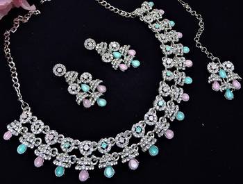 Green rhodium premium designer american diamond and stone work necklace set 3
