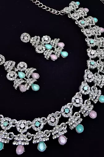 Green rhodium premium designer american diamond and stone work necklace set