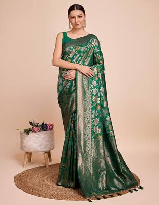 green copper zari work silk blend saree with blouse 3
