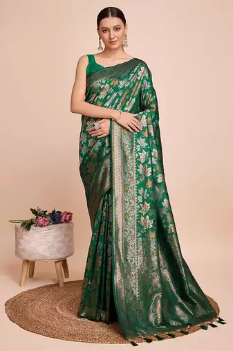 green copper zari work silk blend saree with blouse