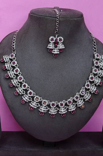 Purple rhodium premium designer american diamond and stone work necklace set