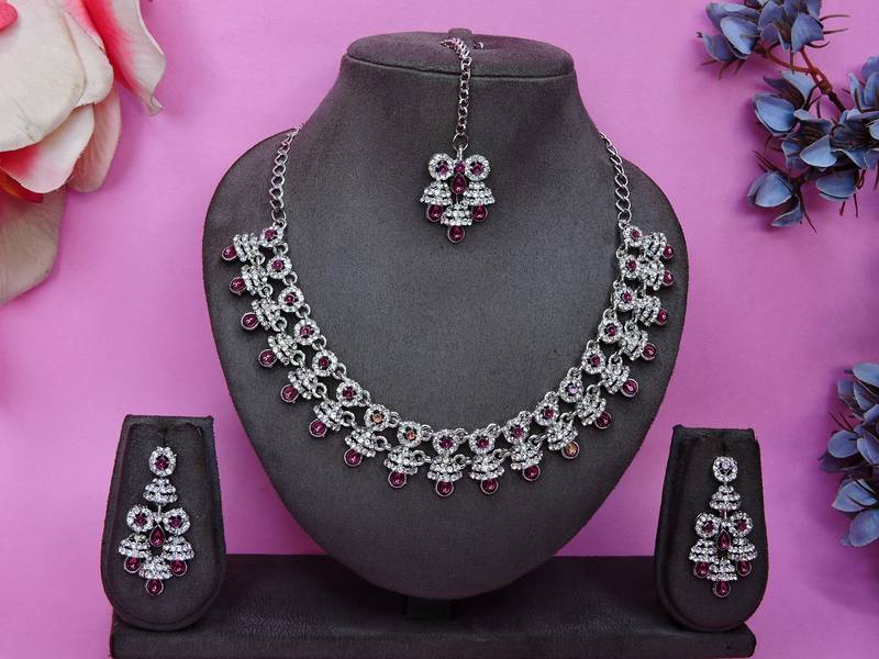 Purple rhodium premium designer american diamond and stone work necklace set