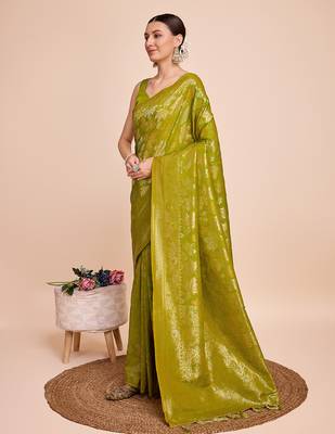 mehendi copper zari work silk blend saree with blouse 1