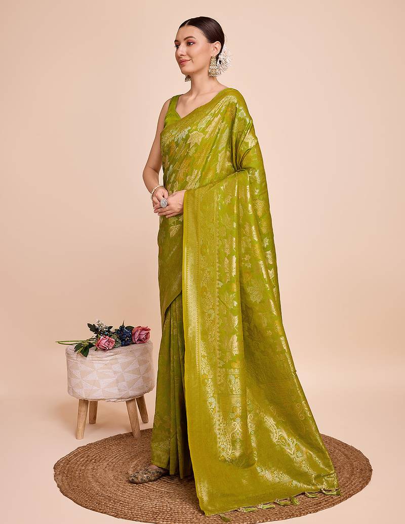 mehendi copper zari work silk blend saree with blouse