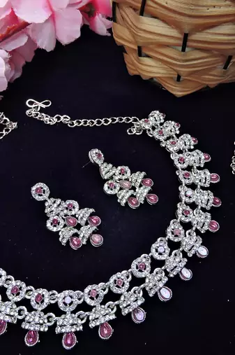 Purple rhodium premium designer american diamond and stone work necklace set