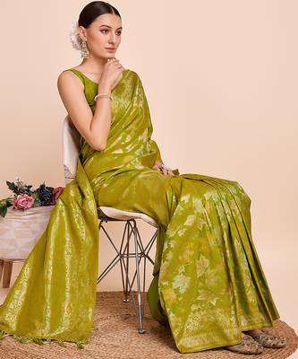 mehendi copper zari work silk blend saree with blouse 2
