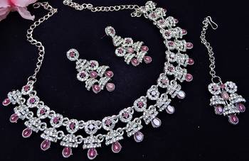 Purple rhodium premium designer american diamond and stone work necklace set 3