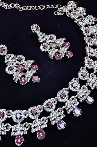 Purple rhodium premium designer american diamond and stone work necklace set