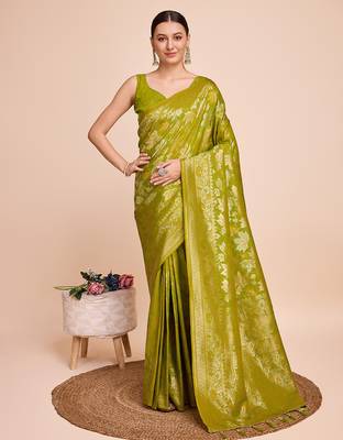 mehendi copper zari work silk blend saree with blouse 3
